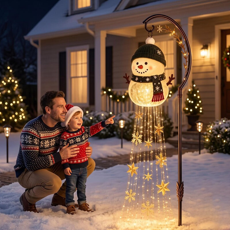 Bonhomme de neige solaire LED pour jardin – Cascade lumineuse d’étoiles et de flocons