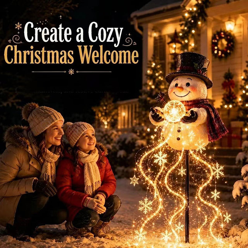 Bonhomme de neige solaire LED pour jardin – Cascade lumineuse d’étoiles et de flocons