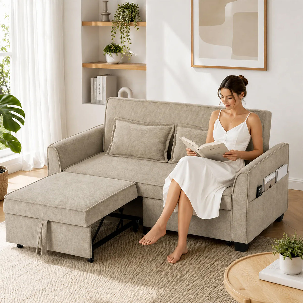 Canapé convertible 2 places en chenille marron – 167 cm