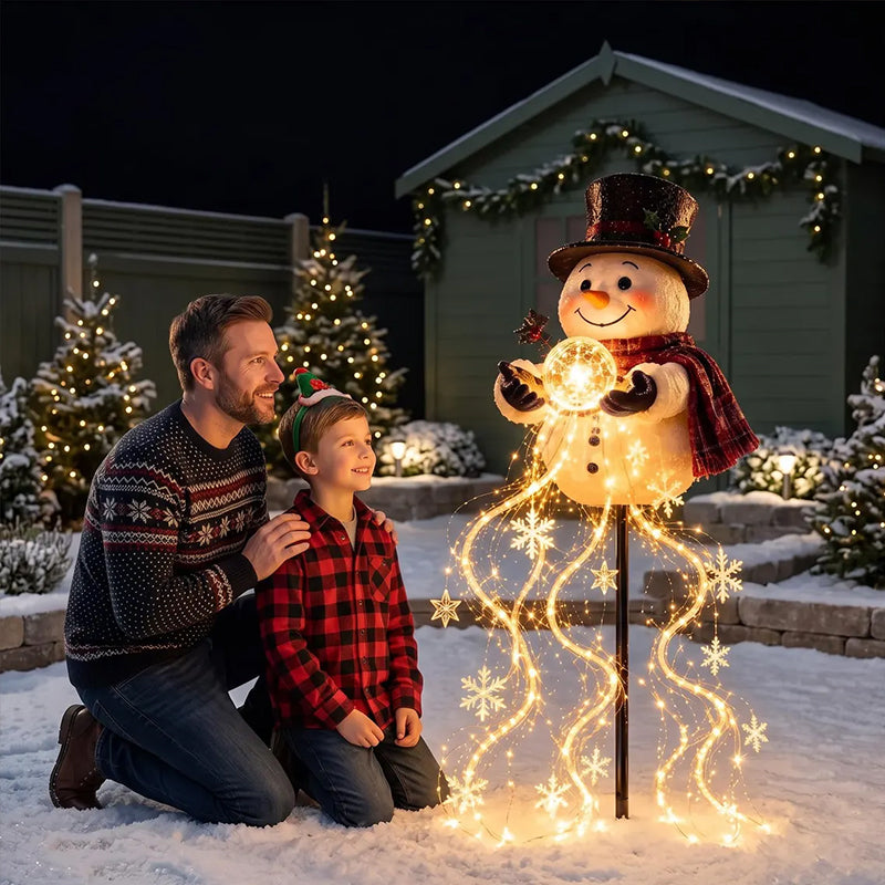 Bonhomme de neige solaire LED pour jardin – Cascade lumineuse d’étoiles et de flocons
