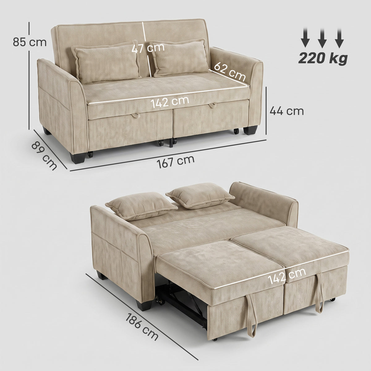 Canapé convertible 2 places en chenille marron – 167 cm