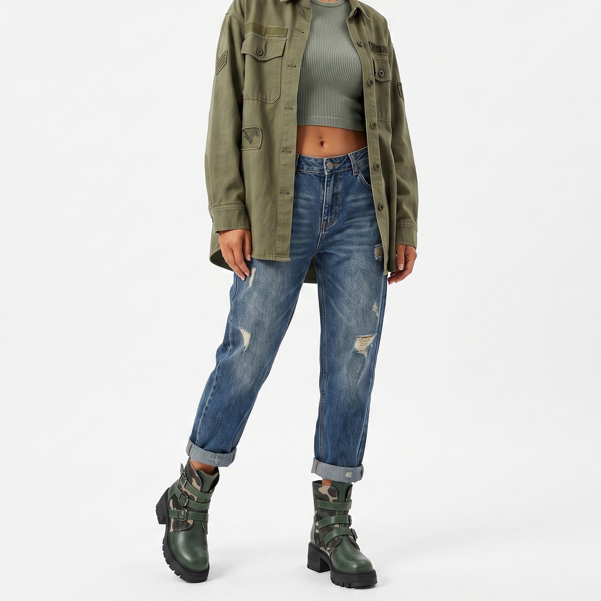 Bottines femme camouflage à talon haut, semelle épaisse et boucle – sur commande, expédition sous 7 jours