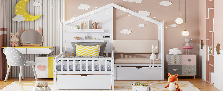 Lit cabane format Twin avec canapé rembourré, station de recharge sans fil, étagères et deux tiroirs – blanc