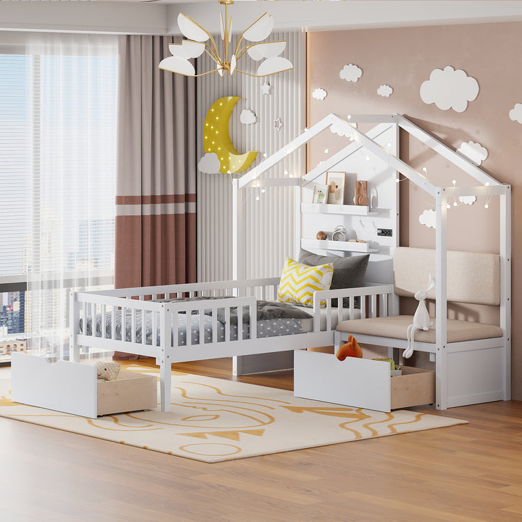 Lit cabane format Twin avec canapé rembourré, station de recharge sans fil, étagères et deux tiroirs – blanc