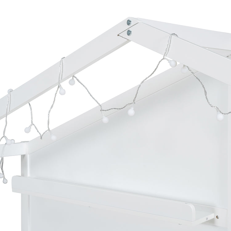 Lit cabane format Twin avec canapé rembourré, station de recharge sans fil, étagères et deux tiroirs – blanc