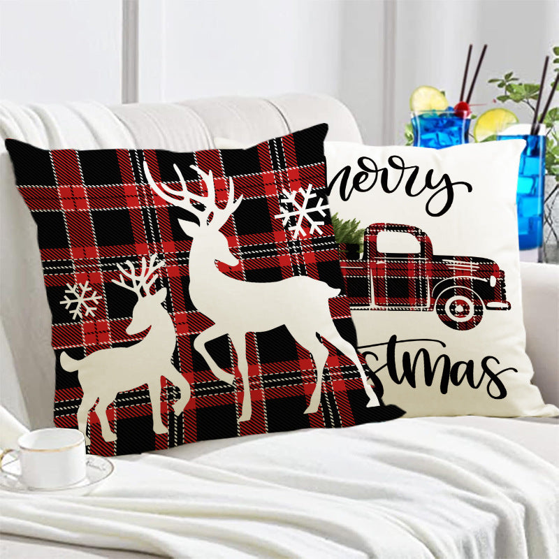 Housse de coussin de Noël 45 × 45 cm – motifs flocons, carreaux et cerf