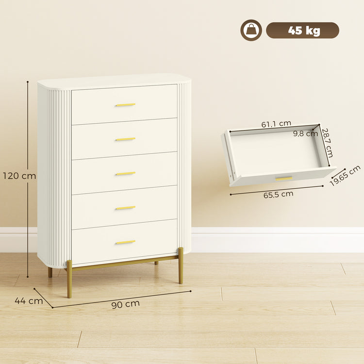 Commode 5 Tiroirs, Meuble de Rangement avec Façades Rainurées et Pieds en Métal, Style Moderne, 90x44x120cm, Gris Clair