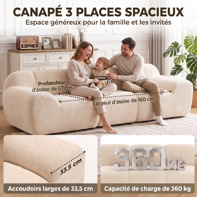 Canapé 3 Places 233 cm, Canapé Salon en Chenille Moderne avec Assise Profonde, Accoudoirs Larges, Beige