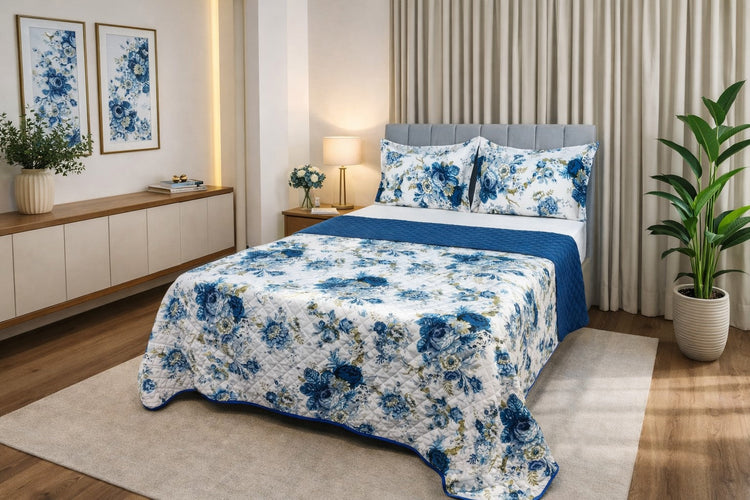 Couvre-lit réversible Maison Charlo Soft Madri – Bleu – Lit 2 places, 3 pièces