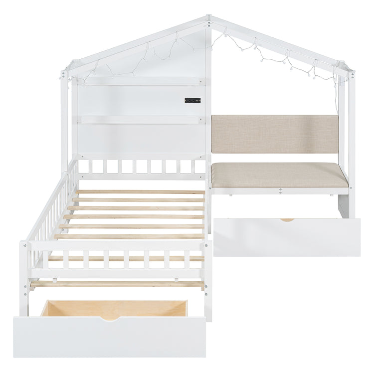 Lit cabane format Twin avec canapé rembourré, station de recharge sans fil, étagères et deux tiroirs – blanc