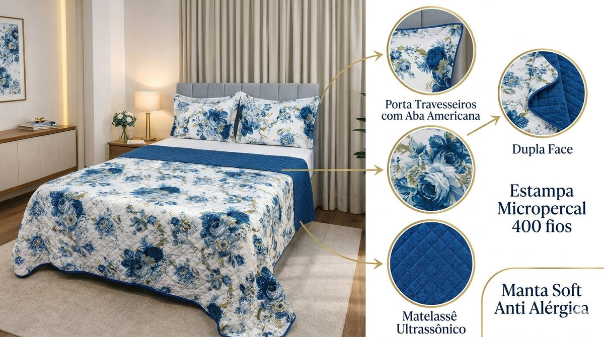 Couvre-lit réversible Maison Charlo Soft Madri – Bleu – Lit 2 places, 3 pièces