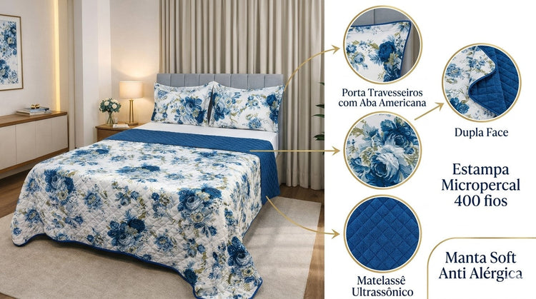Couvre-lit réversible Maison Charlo Soft Madri – Bleu – Lit 2 places, 3 pièces