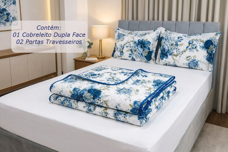 Couvre-lit réversible Maison Charlo Soft Madri – Bleu – Lit 2 places, 3 pièces