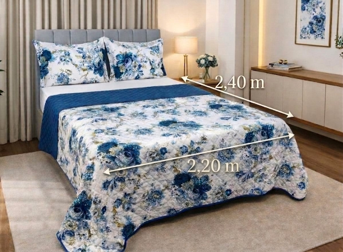 Couvre-lit réversible Maison Charlo Soft Madri – Bleu – Lit 2 places, 3 pièces