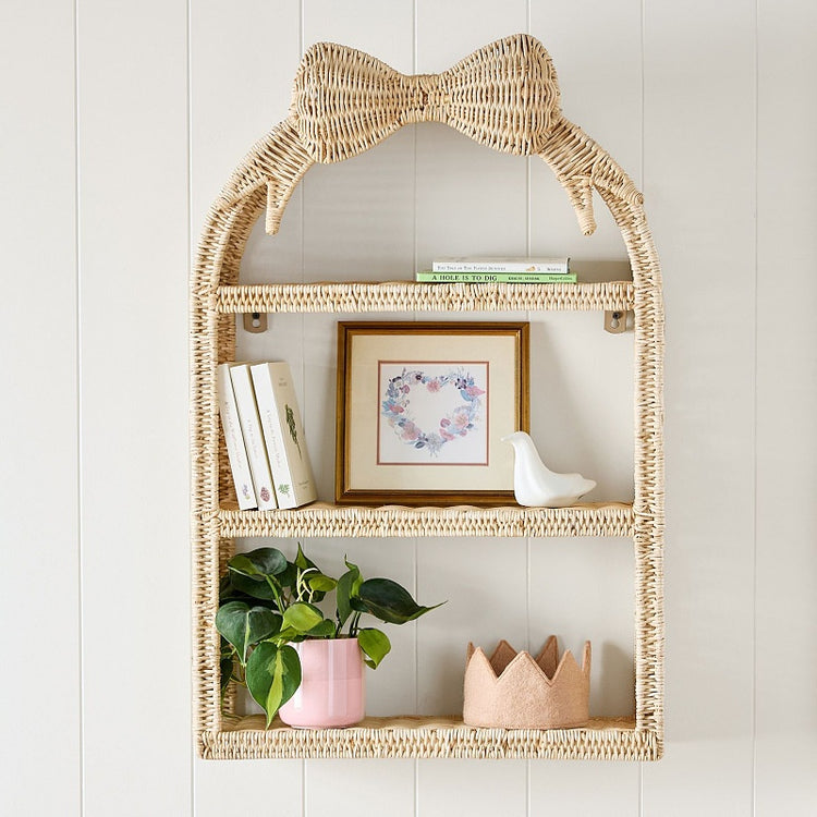 Étagère murale papillon en rotin tressé – 3 niveaux, chambre d’enfant