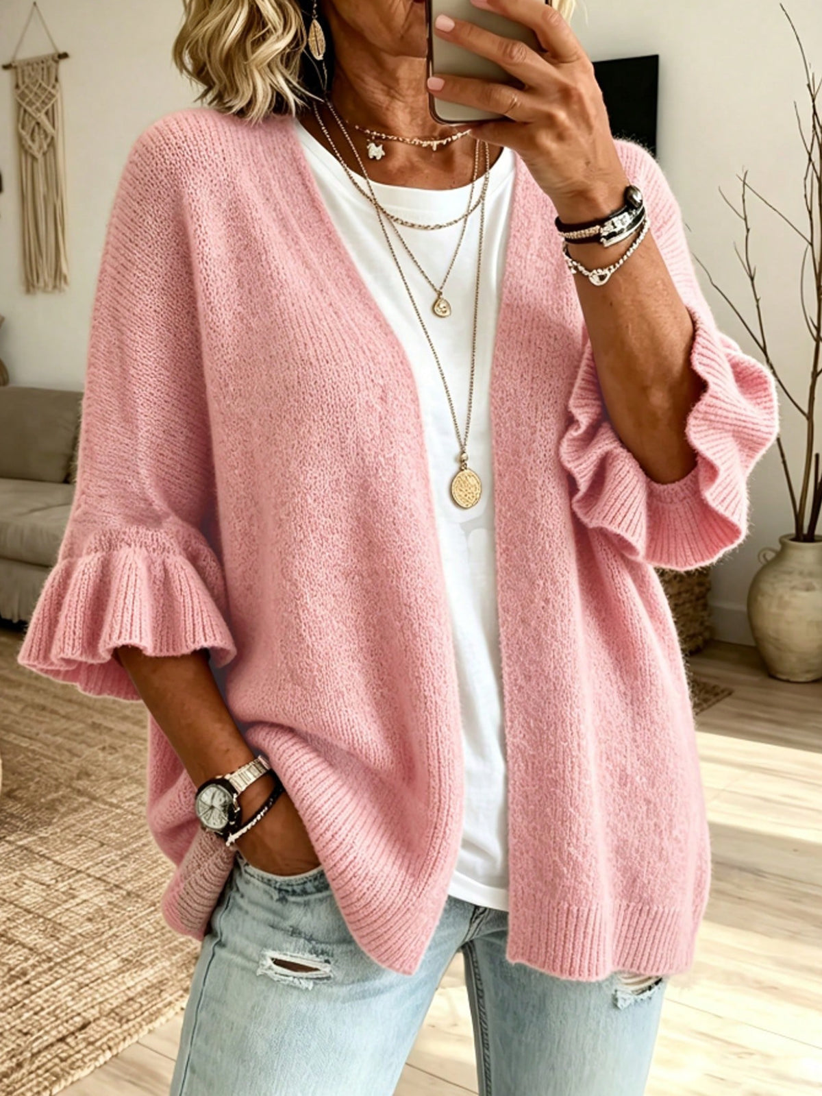 Gilet femme ample en maille à manches trois-quarts
