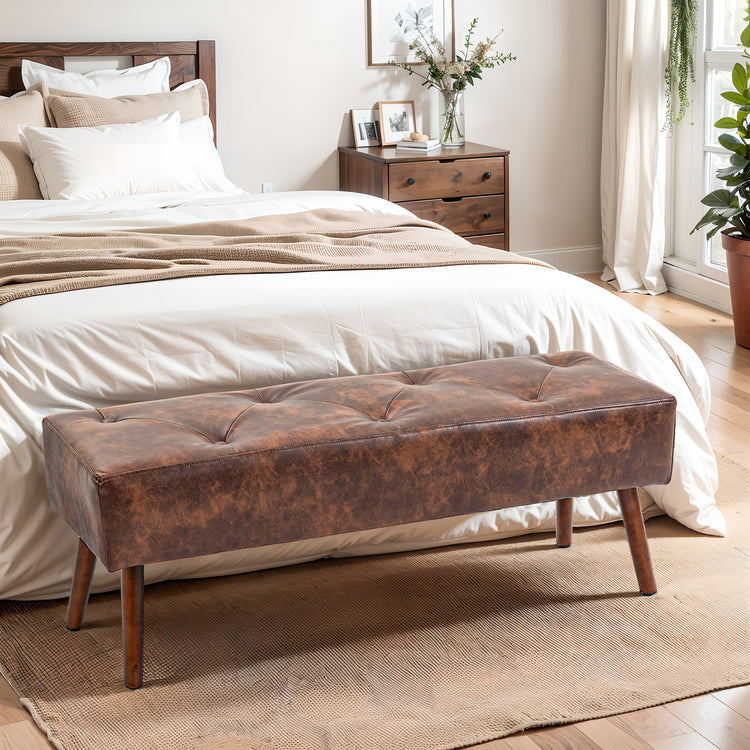 Banc bout de lit banquette capitonnée style vintage 114 x 38 x 42 cm piètement bois revêtement marron effet vieilli