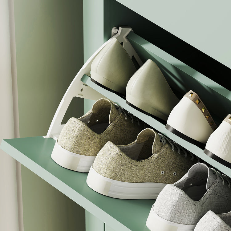 Meuble à chaussures 14 paires, armoire à chaussures avec 2 tiroirs rabattables, étagères amovibles et réglables, vert