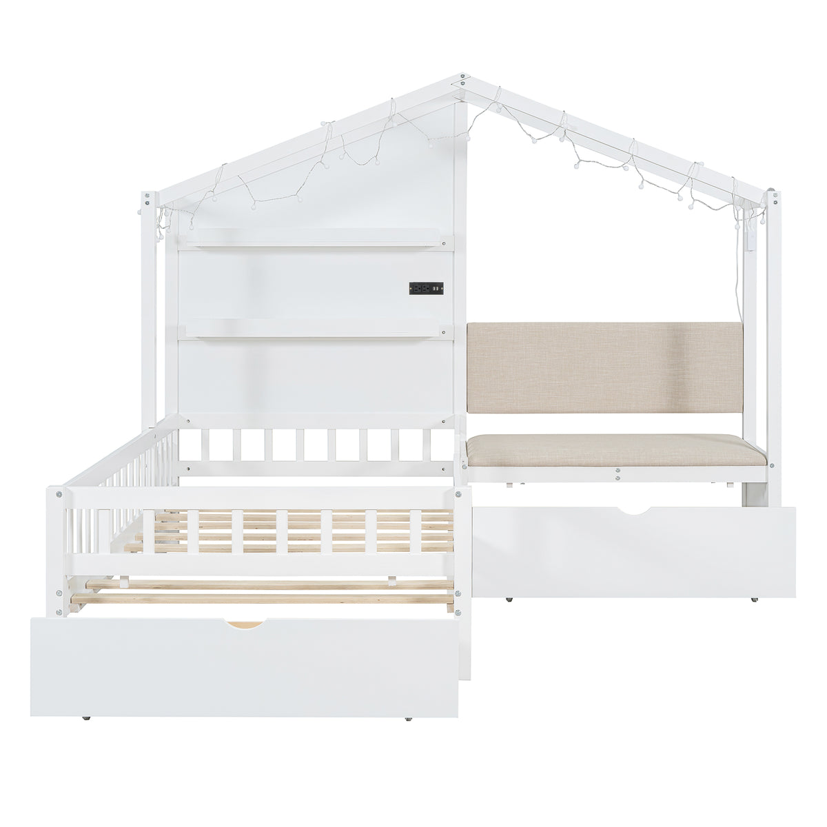 Lit cabane format Twin avec canapé rembourré, station de recharge sans fil, étagères et deux tiroirs – blanc