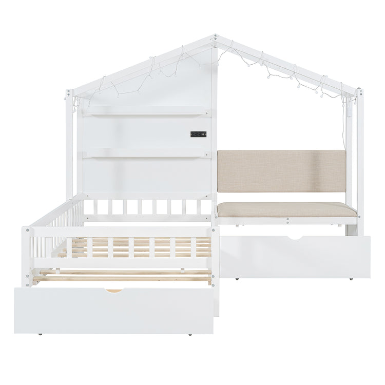 Lit cabane format Twin avec canapé rembourré, station de recharge sans fil, étagères et deux tiroirs – blanc
