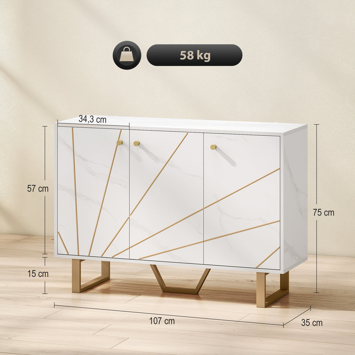 Meuble de rangement buffet salon avec 2 placards 3 portes et étagère réglable, pieds en métal, aspect marbre blanc