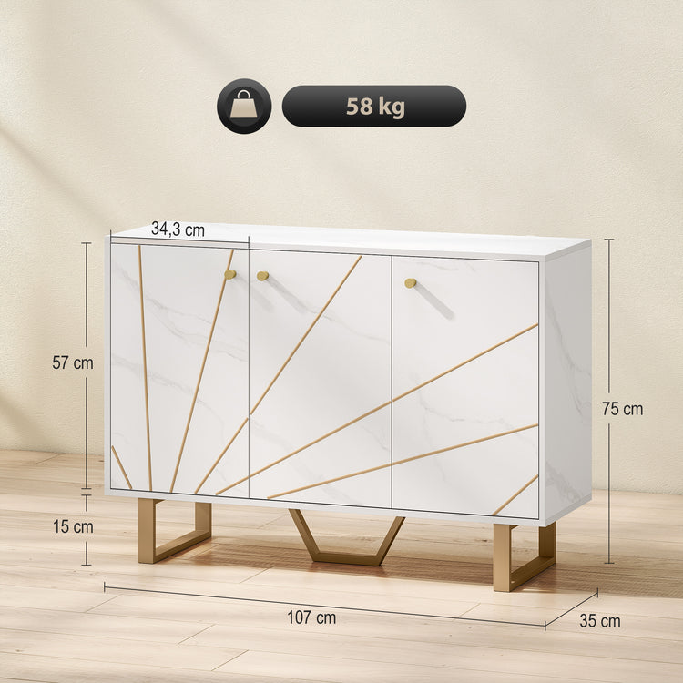 Meuble de rangement buffet salon avec 2 placards 3 portes et étagère réglable, pieds en métal, aspect marbre blanc