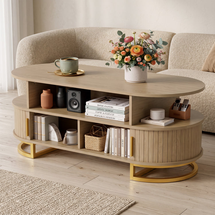 Table basse ovale effet chêne à portes coulissantes