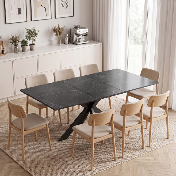 Table à Manger Extensible pour 4 à 8 Personnes, 120-160 cm, Plateau Effet Marbre, Pieds Croisés en Acier, Noir