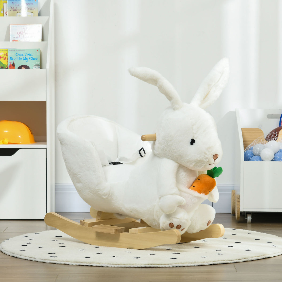 Jouet à bascule modèle lapin fonction musicale selle grand confort peluche courte douce bois peuplier 18-36 mois blanc