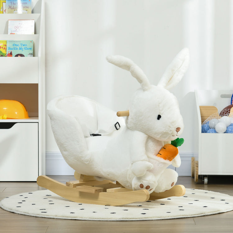 Jouet à bascule modèle lapin fonction musicale selle grand confort peluche courte douce bois peuplier 18-36 mois blanc