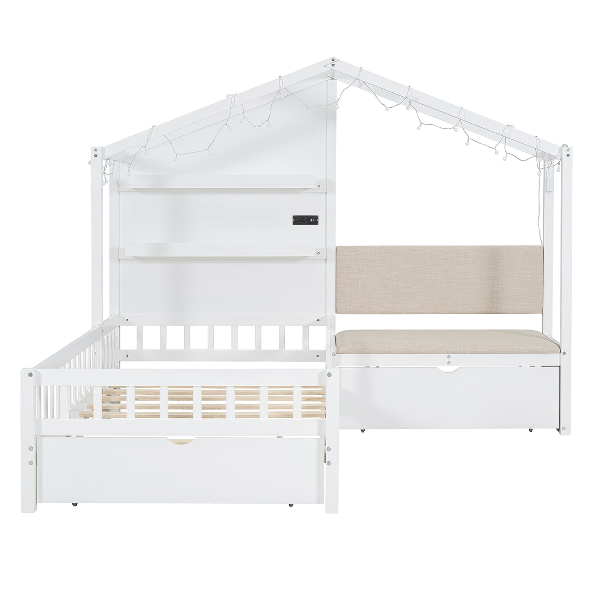 Lit cabane format Twin avec canapé rembourré, station de recharge sans fil, étagères et deux tiroirs – blanc
