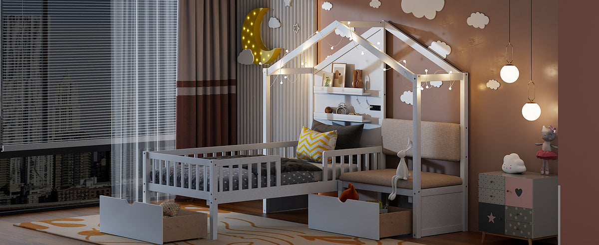 Lit cabane format Twin avec canapé rembourré, station de recharge sans fil, étagères et deux tiroirs – blanc