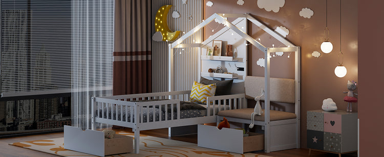 Lit cabane format Twin avec canapé rembourré, station de recharge sans fil, étagères et deux tiroirs – blanc