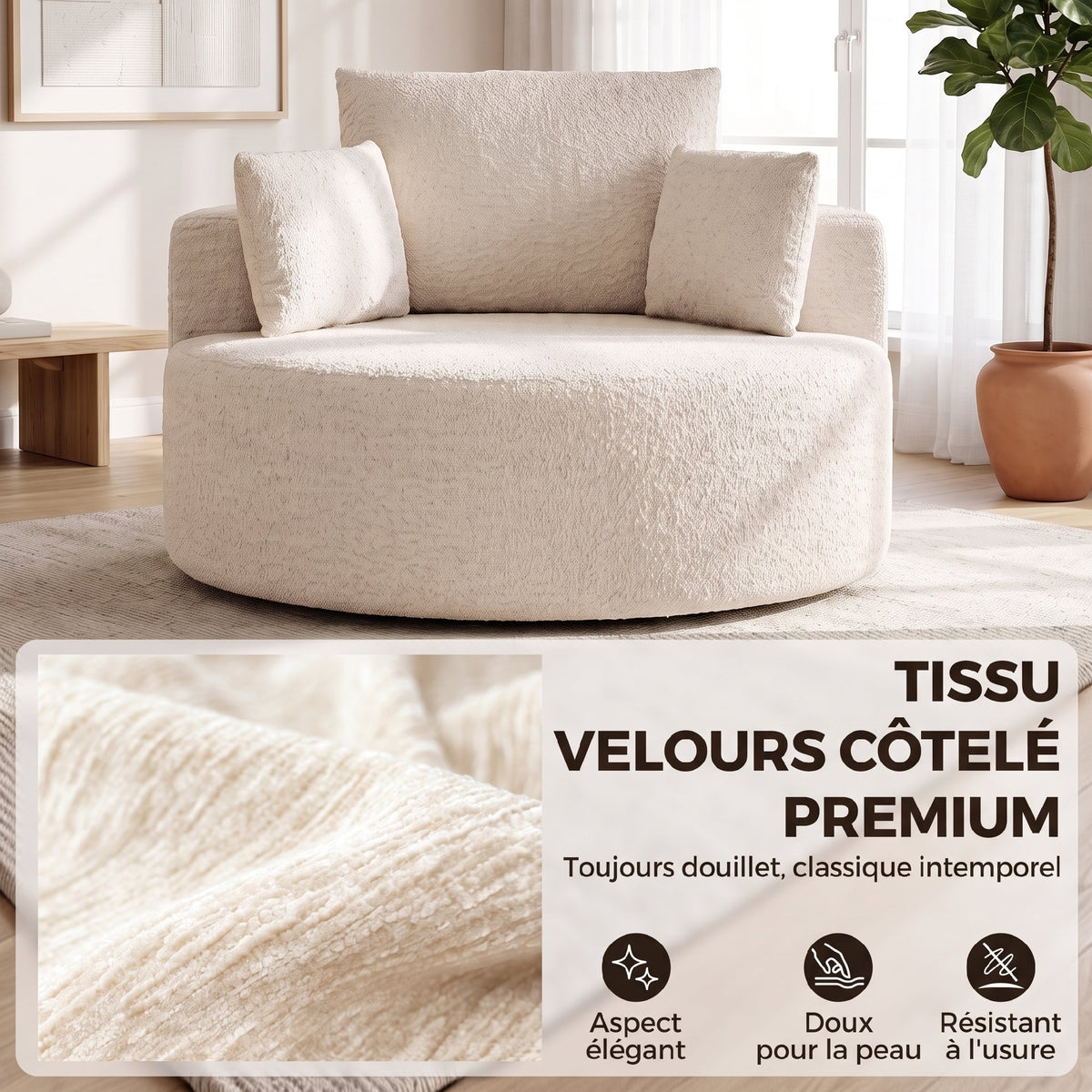 Pouf-canapé rond en chenille crème – 130 cm