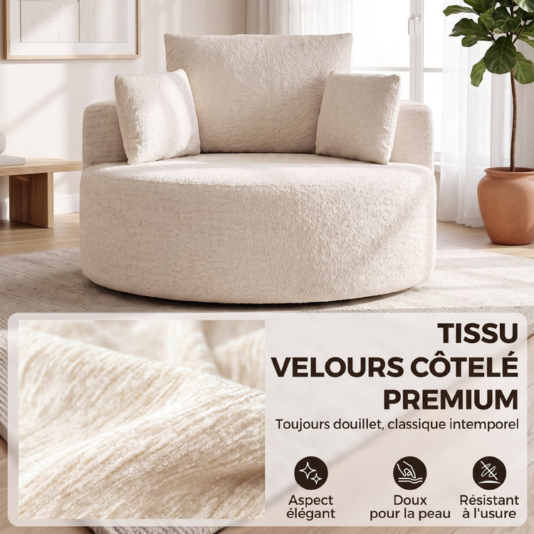 Pouf-canapé rond en chenille crème – 130 cm