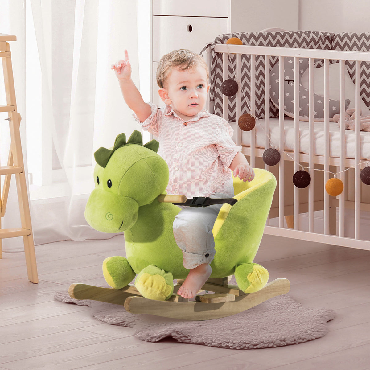 Jouet à Bascule Dinosaure Ceinture de sécurité Effet sonore 32 chansons pour enfants de 18+ Mois Bois Peluche Verte