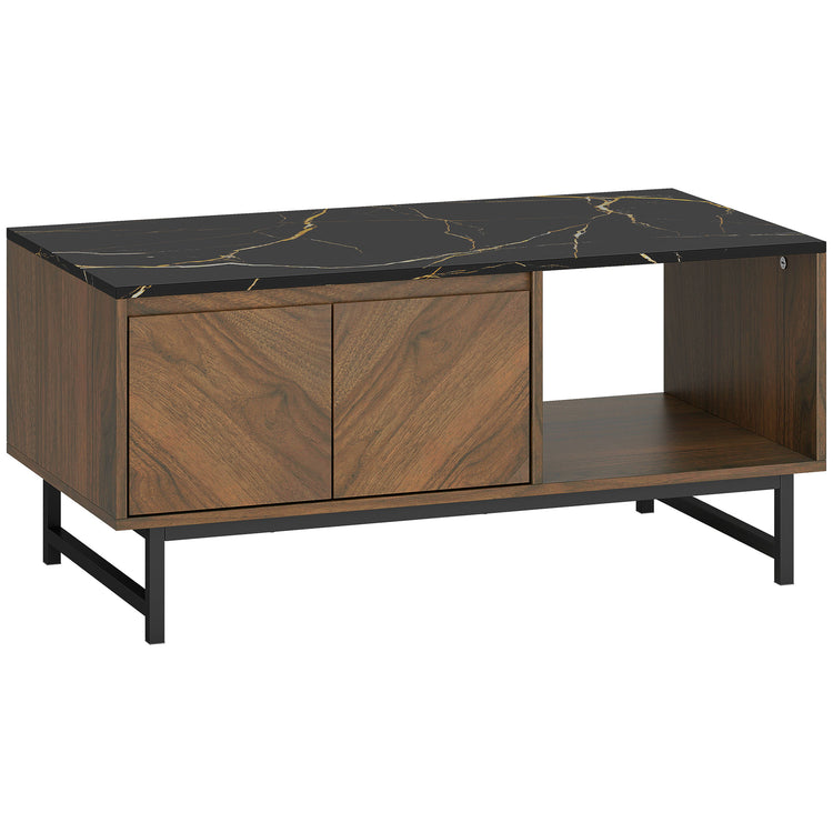 Table basse effet marbre et noyer avec rangements – 100 cm