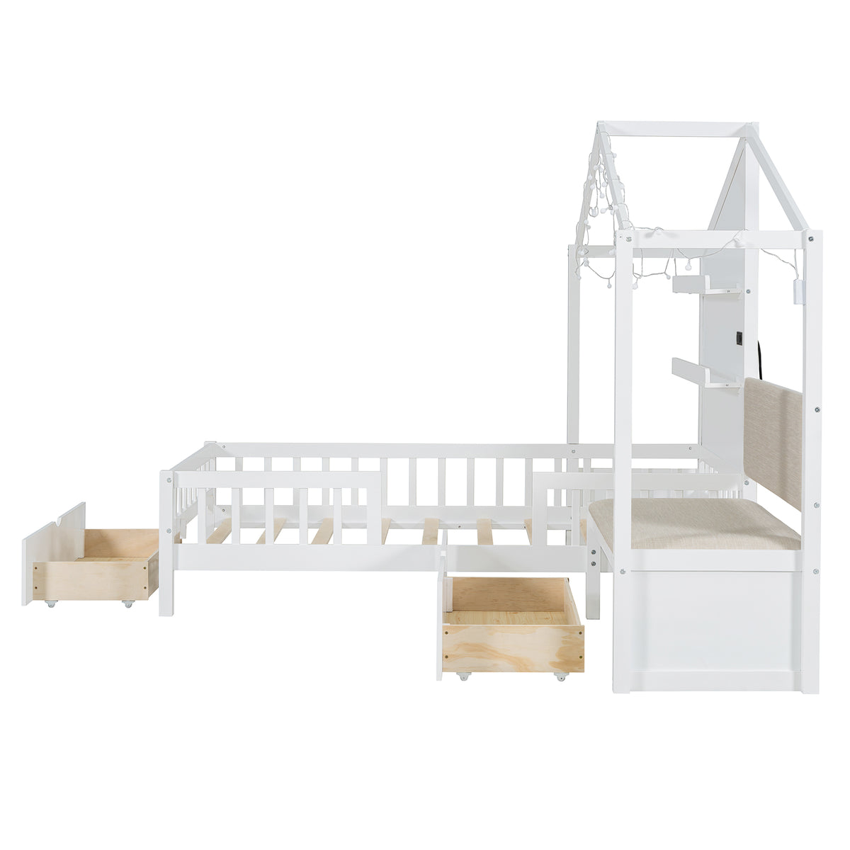 Lit cabane format Twin avec canapé rembourré, station de recharge sans fil, étagères et deux tiroirs – blanc