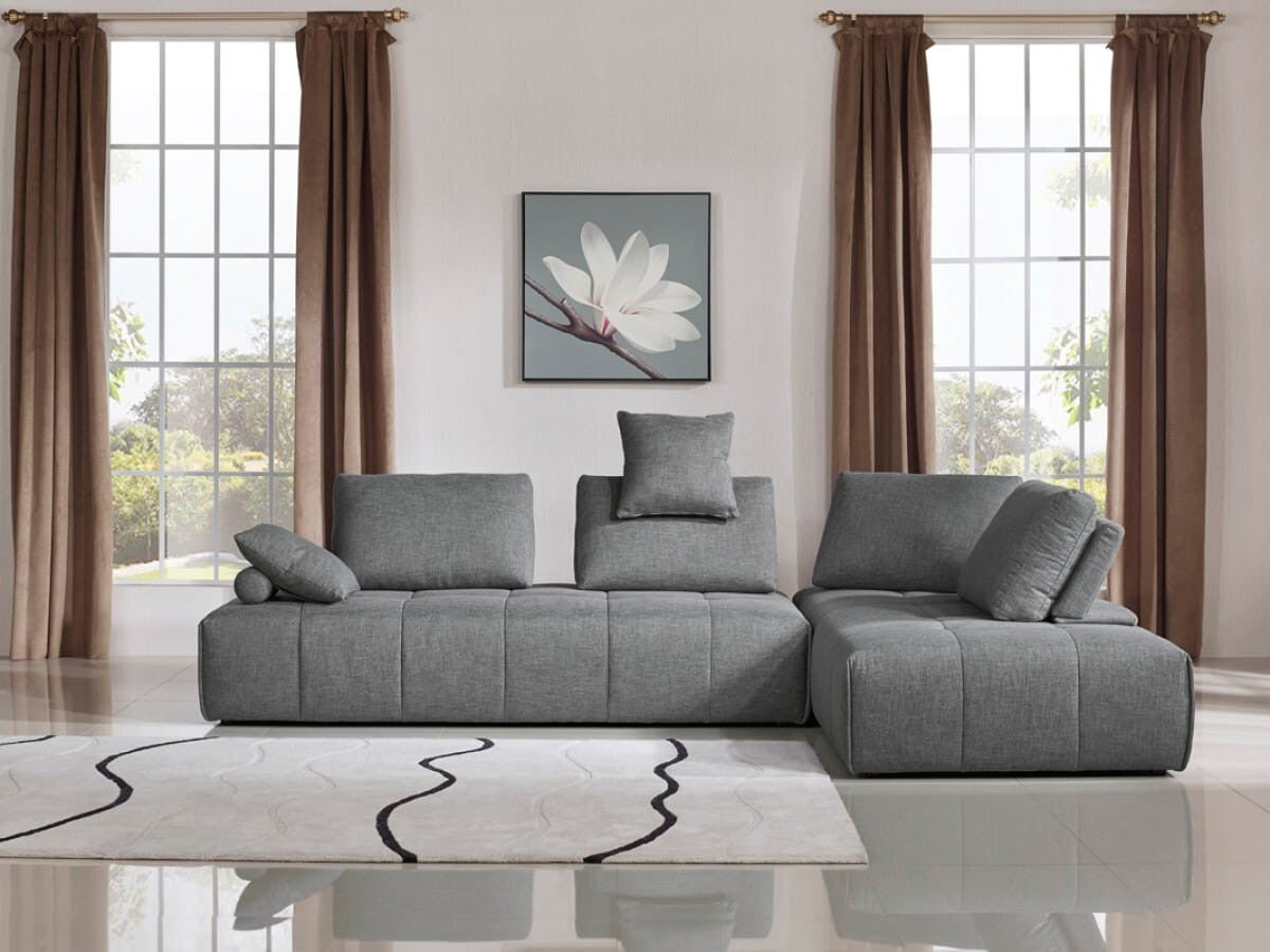 Canapé d’angle modulable gris – 2 pièces avec méridienne et coussins