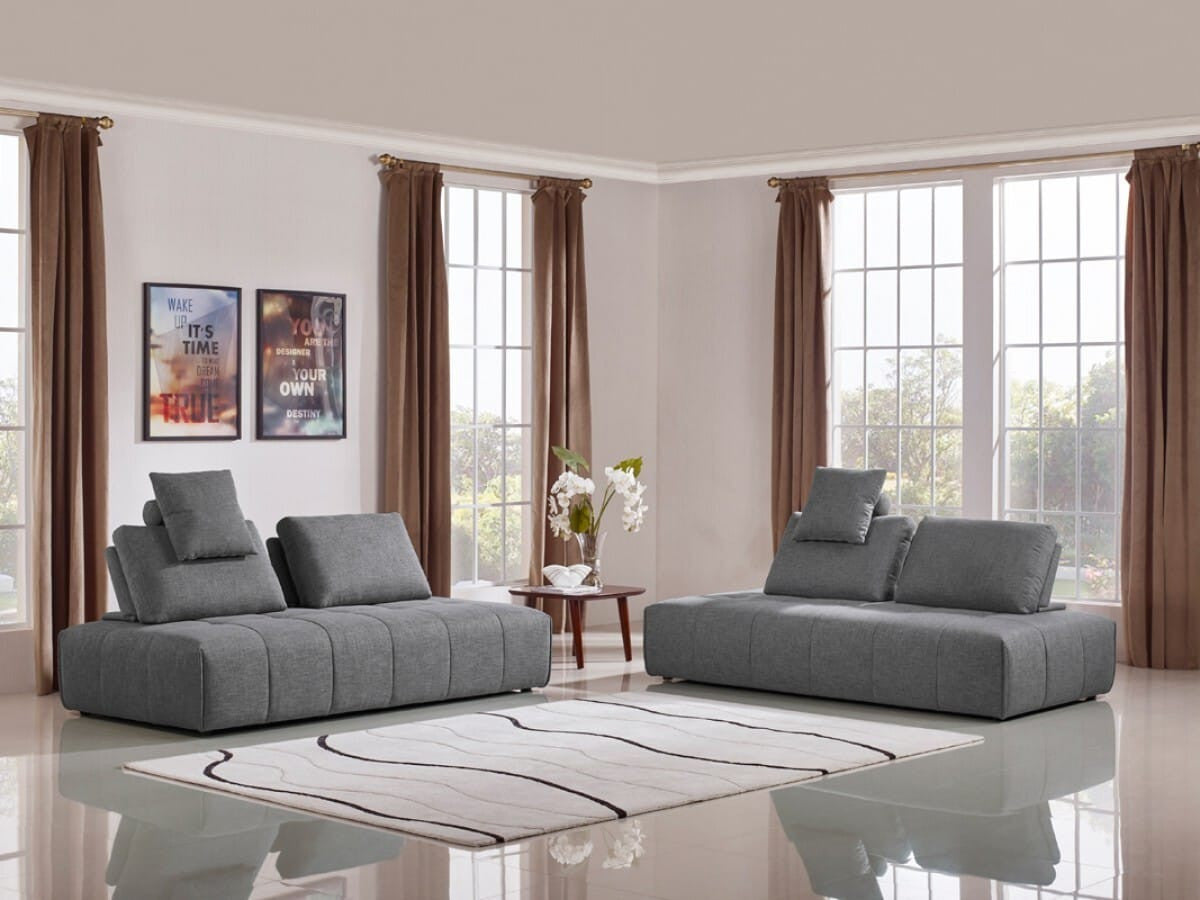 Canapé d’angle modulable gris – 2 pièces avec méridienne et coussins
