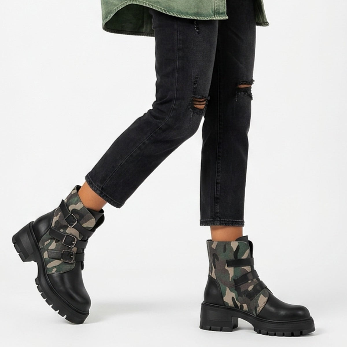 Bottines femme camouflage à talon haut, semelle épaisse et boucle – sur commande, expédition sous 7 jours