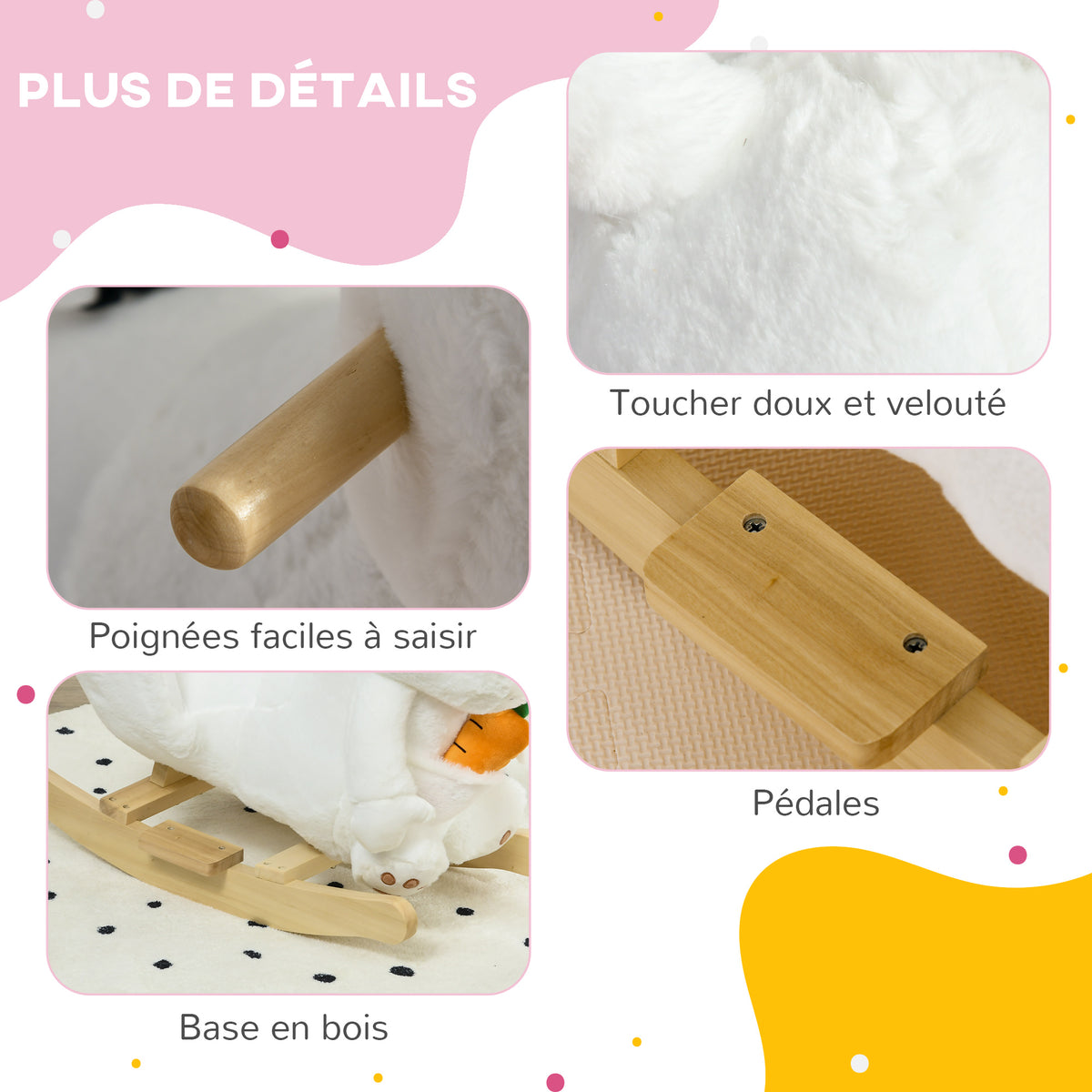 Jouet à bascule modèle lapin fonction musicale selle grand confort peluche courte douce bois peuplier 18-36 mois blanc