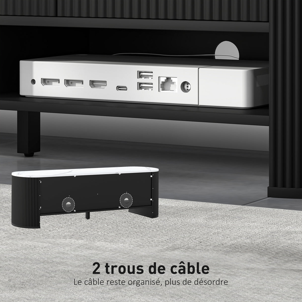 Meuble TV 140 cm, meuble télé pour téléviseur 65 pouces effet marbre avec 3 tiroirs façades à cannelures 2 étagères noir