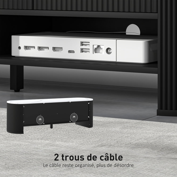 Meuble TV 140 cm, meuble télé pour téléviseur 65 pouces effet marbre avec 3 tiroirs façades à cannelures 2 étagères noir