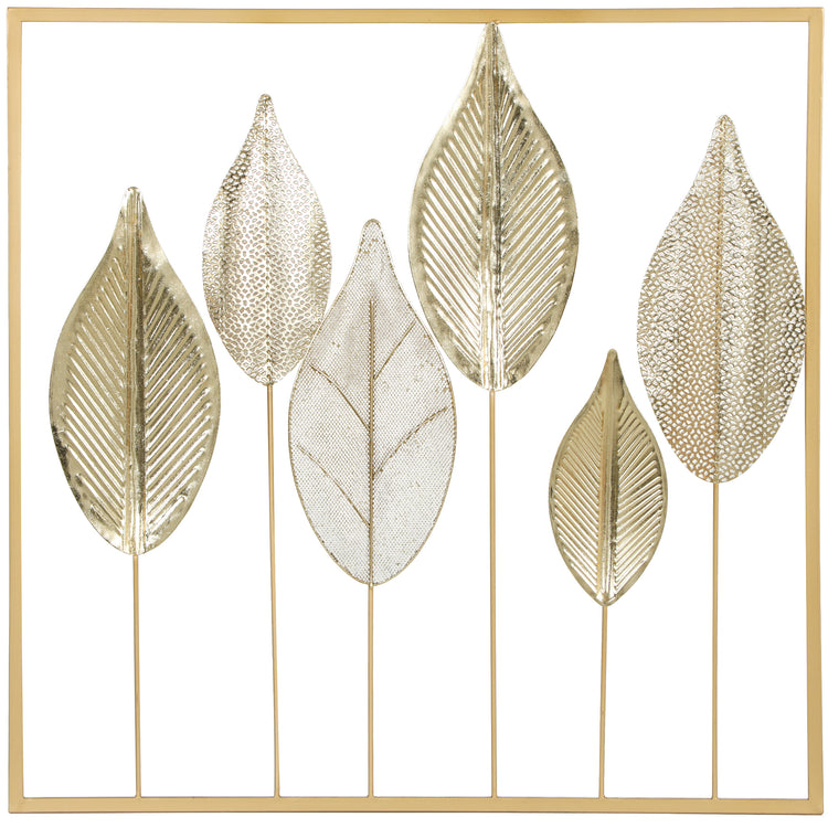 Décoration murale feuille en métal doré – 70 × 70 cm
