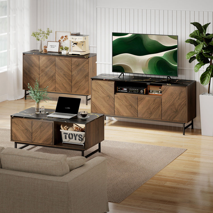 Table basse effet marbre et noyer avec rangements – 100 cm