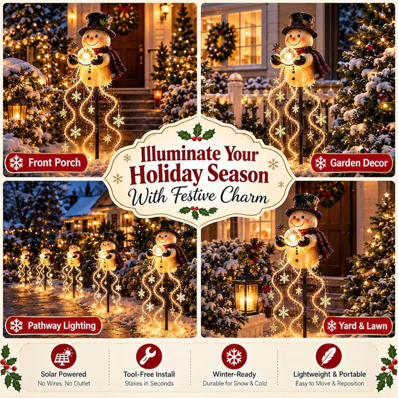 Bonhomme de neige solaire LED pour jardin – Cascade lumineuse d’étoiles et de flocons