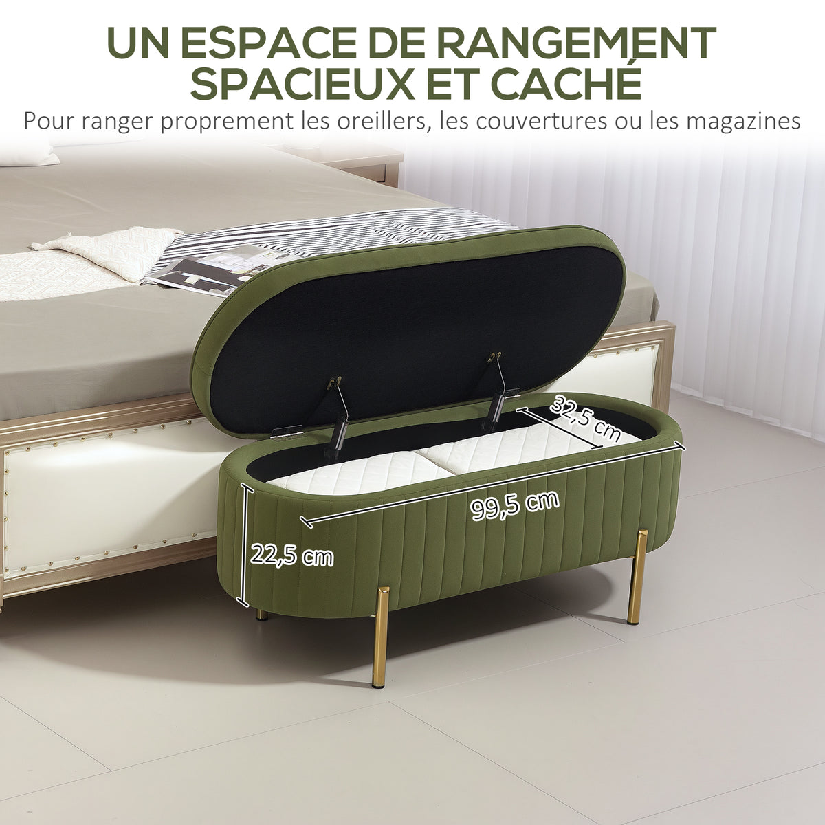 Banc de rangement, bout de lit en velours avec couvercle, pieds en métal, capacité 72 L, 107x42x45,5cm, vert foncé