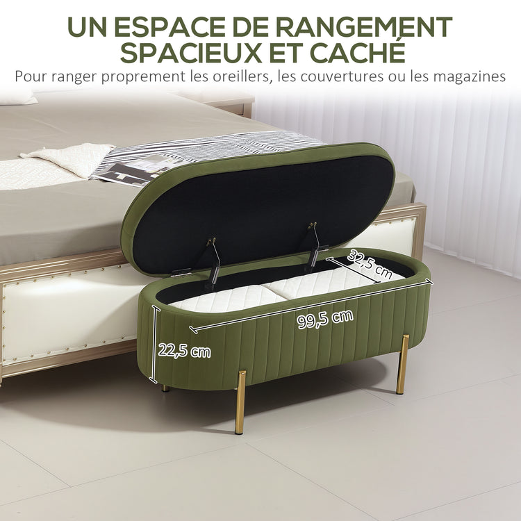Banc de rangement, bout de lit en velours avec couvercle, pieds en métal, capacité 72 L, 107x42x45,5cm, vert foncé