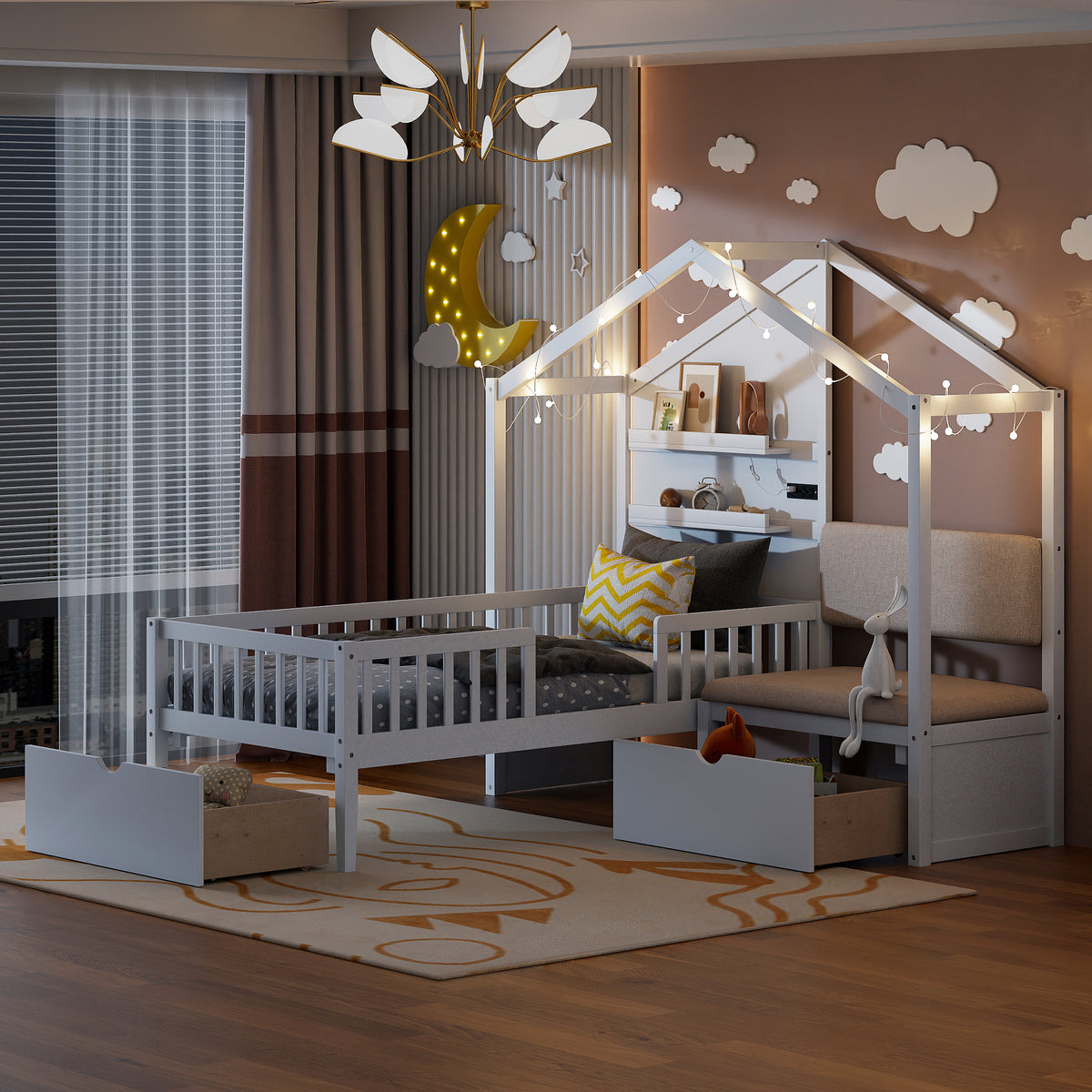 Lit cabane format Twin avec canapé rembourré, station de recharge sans fil, étagères et deux tiroirs – blanc